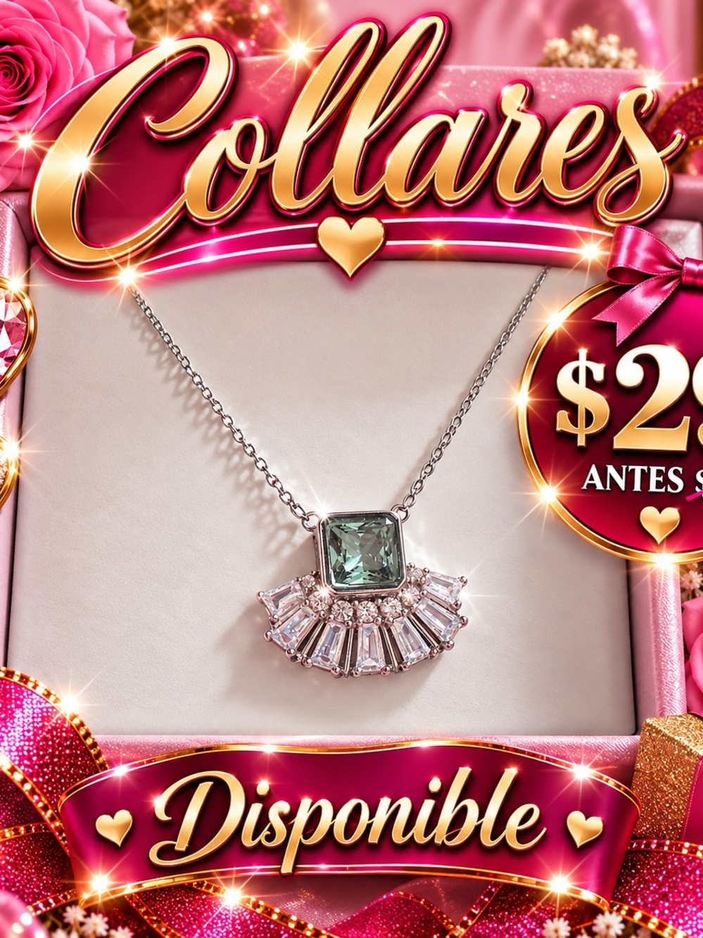 Silver Necklace with Green Square Crystal Pendant - Available
